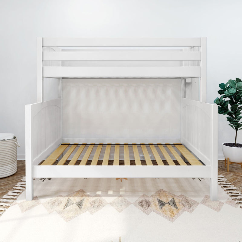 White wooden toddler loft bed frame with guardrails and slatted bed base in minimalist nursery with plant and woven basket