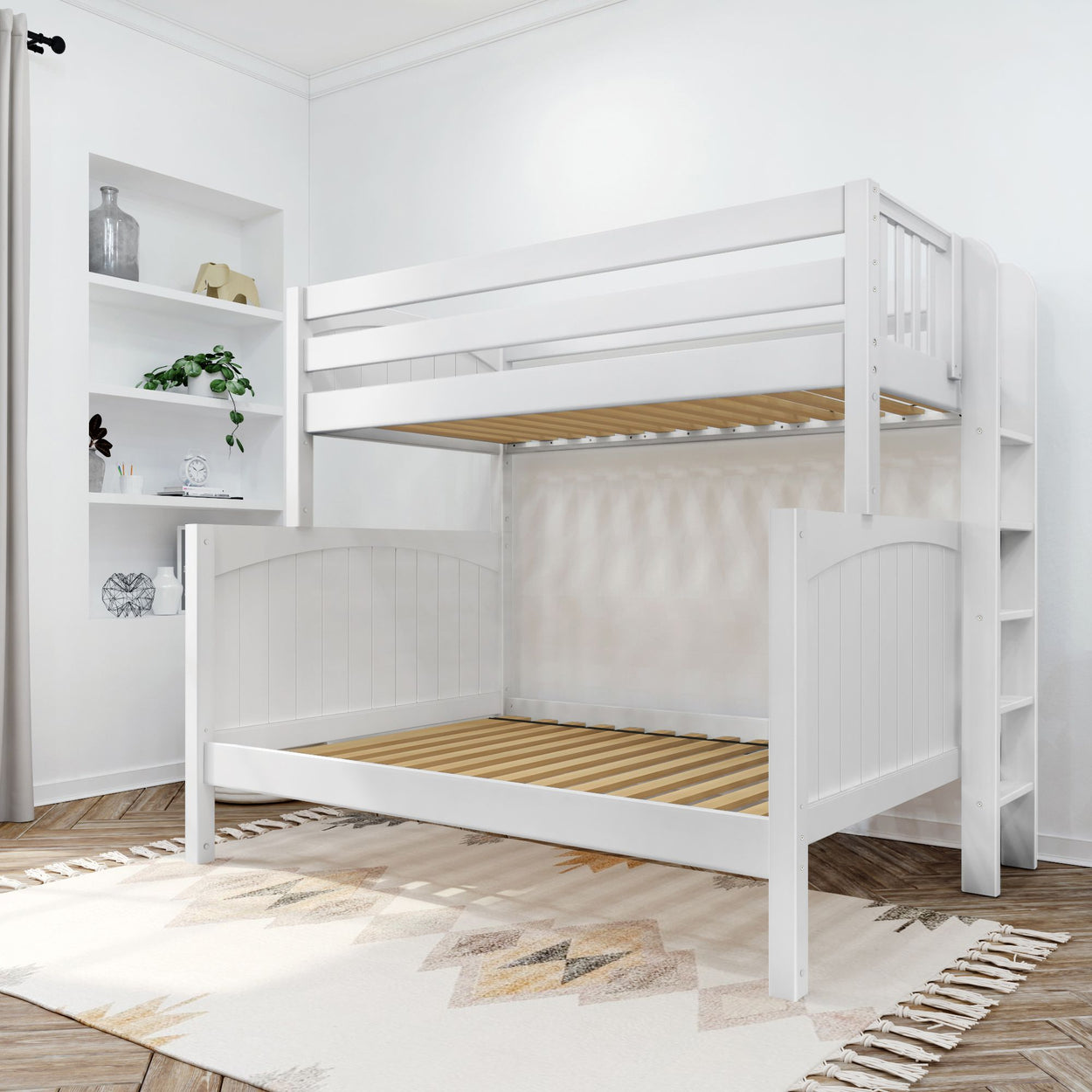 White wooden bunk bed in modern bedroom with built-in shelves and decorative rug.