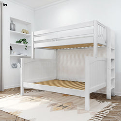 White wooden bunk bed in modern bedroom with built-in shelves and decorative rug.