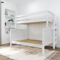 White wooden loft bunk bed with built-in shelving and ladder in a bright modern space-saving kids' bedroom