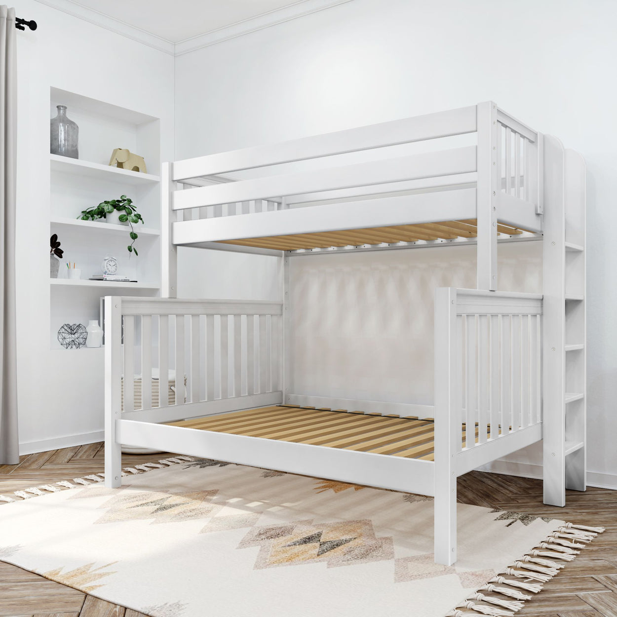 White wooden bunk bed with ladder in a modern, minimalist bedroom setting.