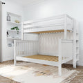 White wooden bunk bed with convertible crib and built-in shelves in modern minimalist nursery with neutral rug and hardwood floors
