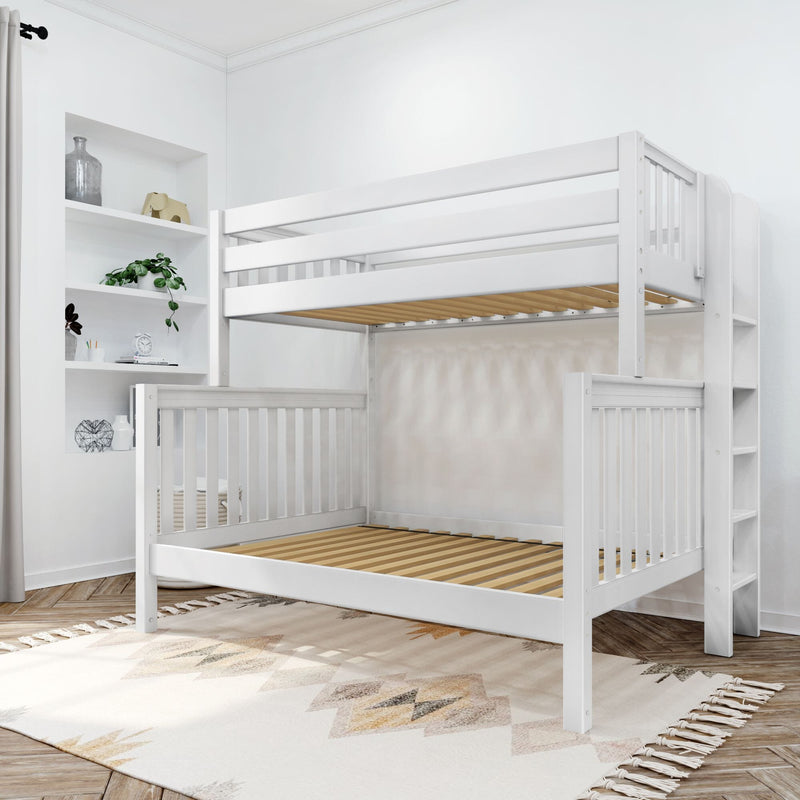 White wooden bunk bed with convertible crib and built-in shelves in modern minimalist nursery with neutral rug and hardwood floors