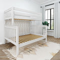 White wooden bunk bed frame with slatted mattress support in a bright modern children's bedroom or nursery with white curtains, patterned rug and houseplant