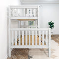 White wooden bunk loft bed in bright minimalist nursery with slatted rails, hardwood herringbone floor and potted green plant