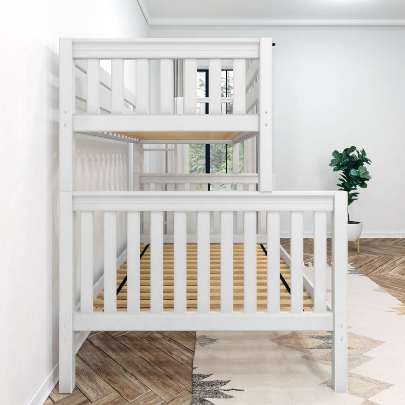 White wooden bunk loft bed in bright minimalist nursery with slatted rails, hardwood herringbone floor and potted green plant