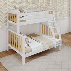 White wooden bunk bed with beige bedding in a modern bedroom setting.