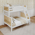 White wooden bunk bed with ladder and natural wood slats, styled with beige linens and pom-pom pillows in a neutral kids' bedroom featuring chevron wallpaper and white wainscoting