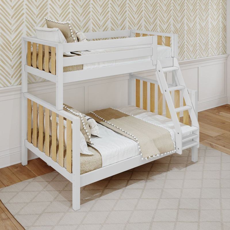 White wooden bunk bed with ladder and natural wood slats, styled with beige linens and pom-pom pillows in a neutral kids' bedroom featuring chevron wallpaper and white wainscoting