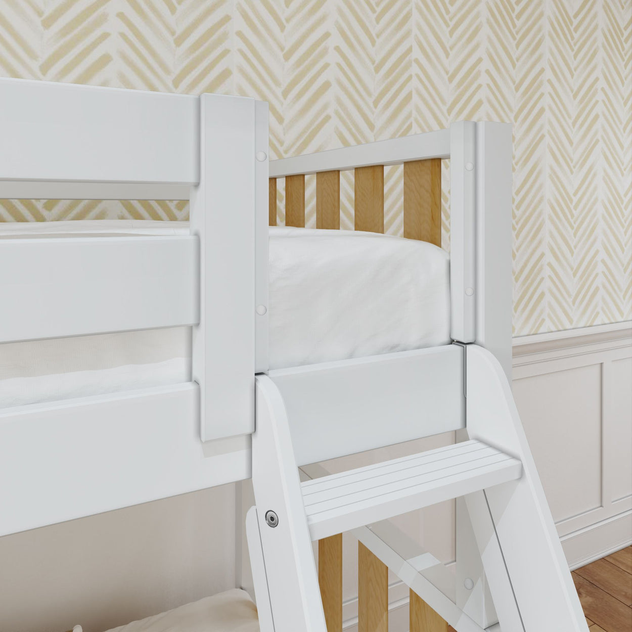 White bunk bed with wooden accents against chevron-patterned wallpaper background.