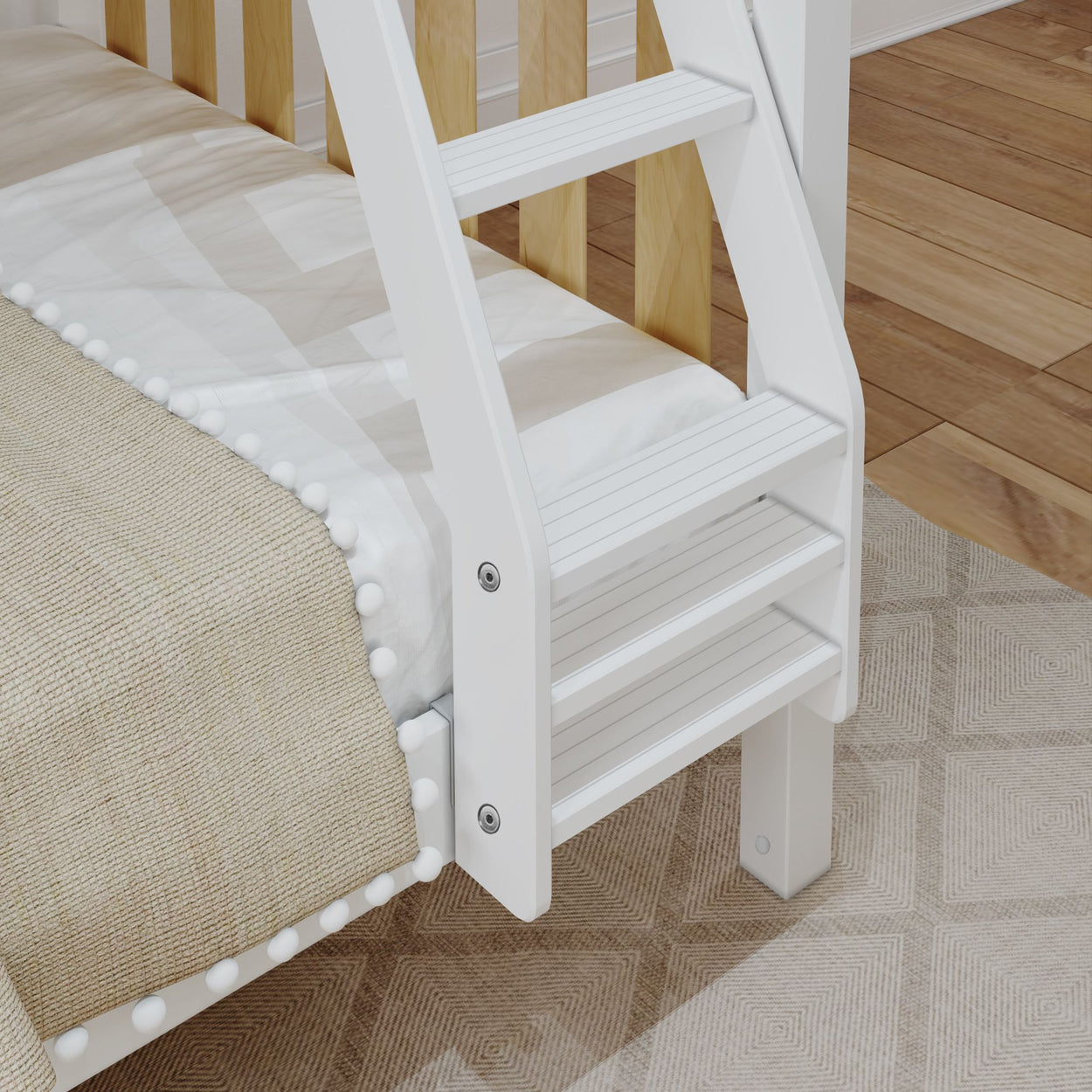 White wooden bunk bed ladder attached to a cozy bed with beige blanket and patterned rug on wooden floor.