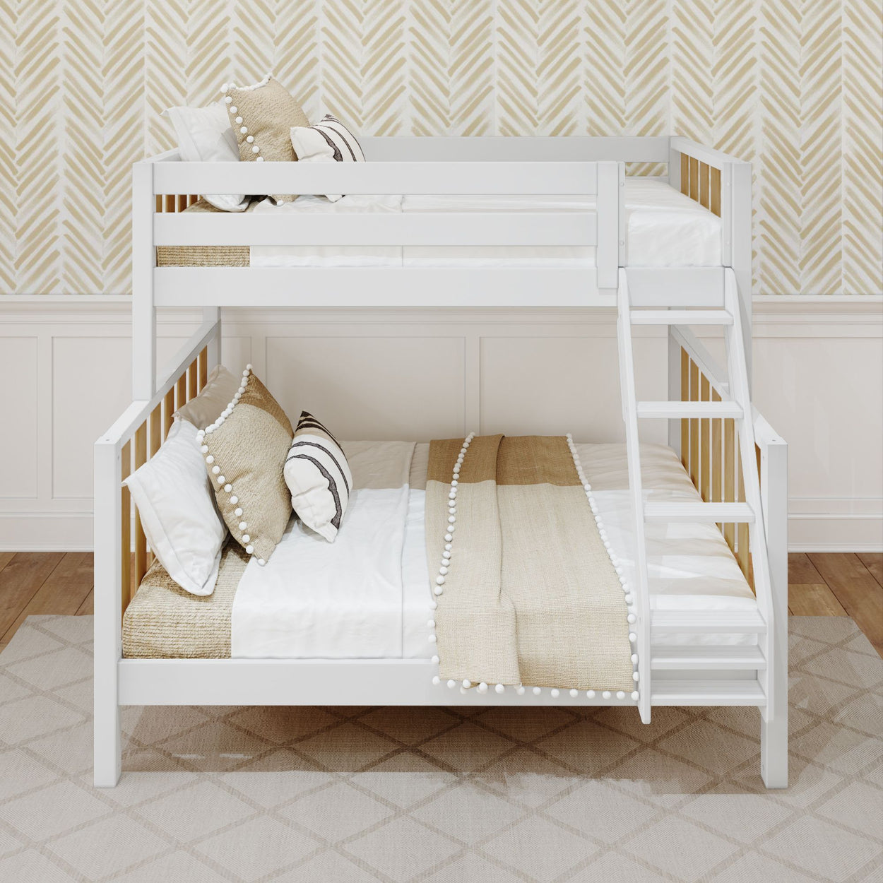 Stylish white bunk bed with cozy neutral bedding and patterned wallpaper in modern bedroom.
