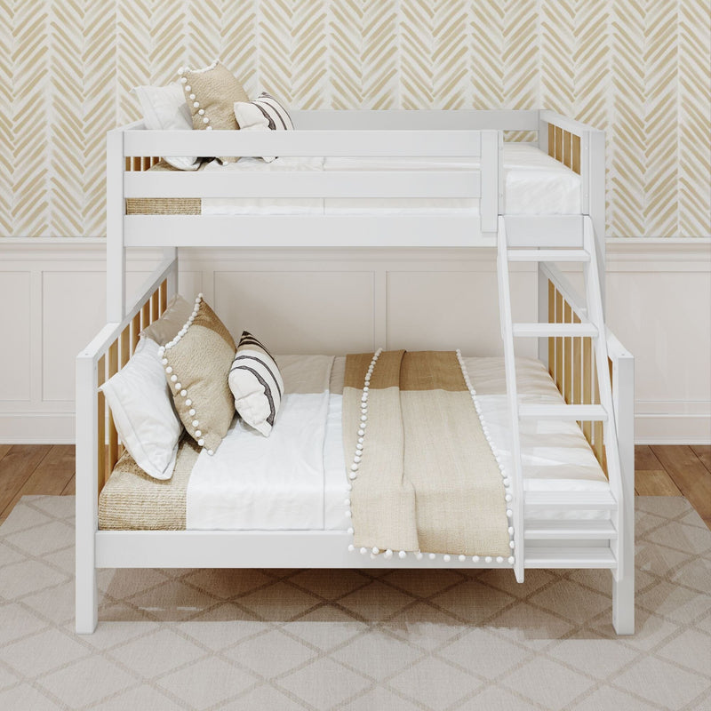 White wooden kids bunk bed with ladder, neutral beige bedding and pom‑pom pillows in modern nursery with tan chevron wallpaper