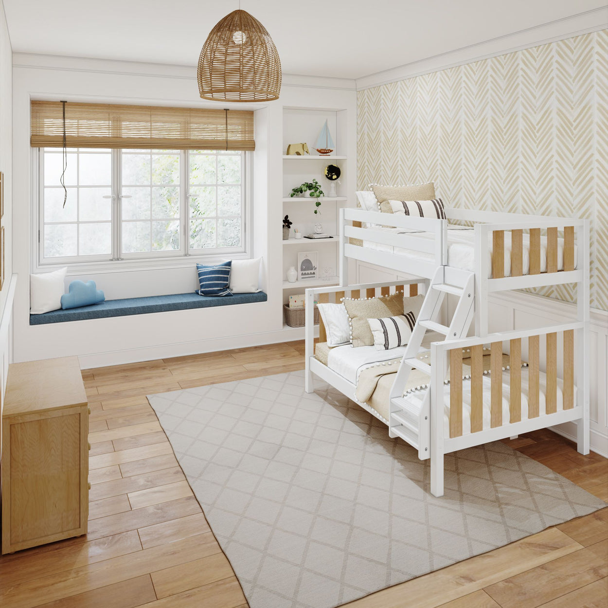 Cozy children's bedroom with white bunk bed, wooden floor, large window seat, and decorative wallpaper.