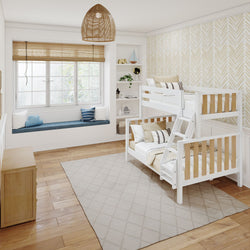 Cozy children's bedroom with white bunk bed, wooden floor, large window seat, and decorative wallpaper.