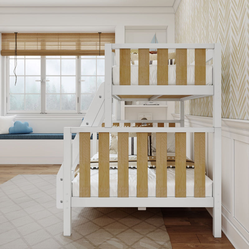 Modern white bunk bed with natural wood slats in a bright kids' bedroom with window seat, blue cloud pillow, and beige geometric wallpaper