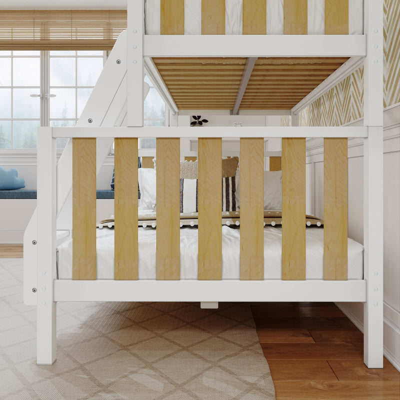Modern white and natural wood bunk bed with vertical slats in a cozy children's bedroom featuring pillows, a window seat, and neutral patterned wallpaper