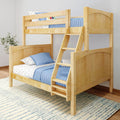 Light wood kids' bunk bed with ladder, blue quilted bedding and star-print sheets — space-saving wooden bunk bed for children's bedroom