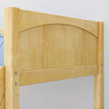 Close-up of light maple wood headboard with arched top, visible wood grain and metal hardware on a natural-finish bed frame