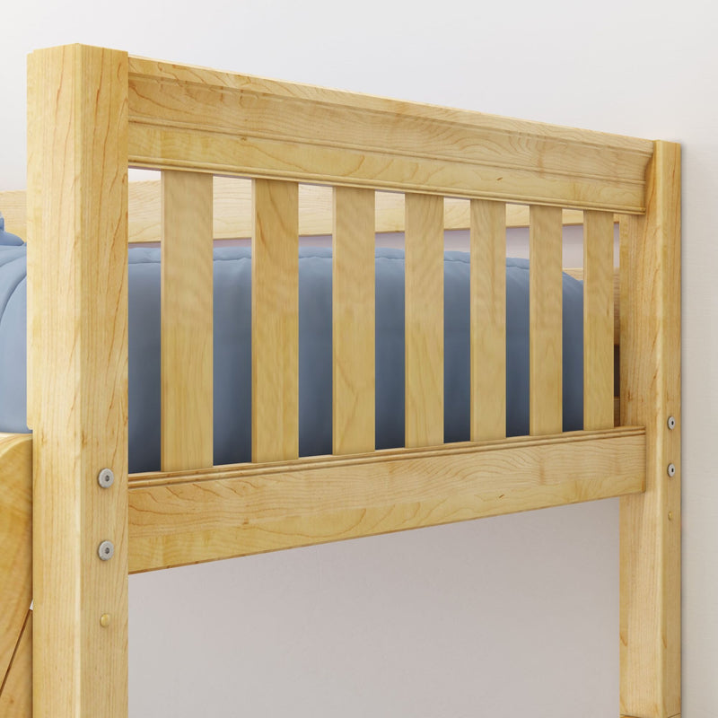 Close-up of natural maple wood bunk bed headboard with vertical slats and blue bedding