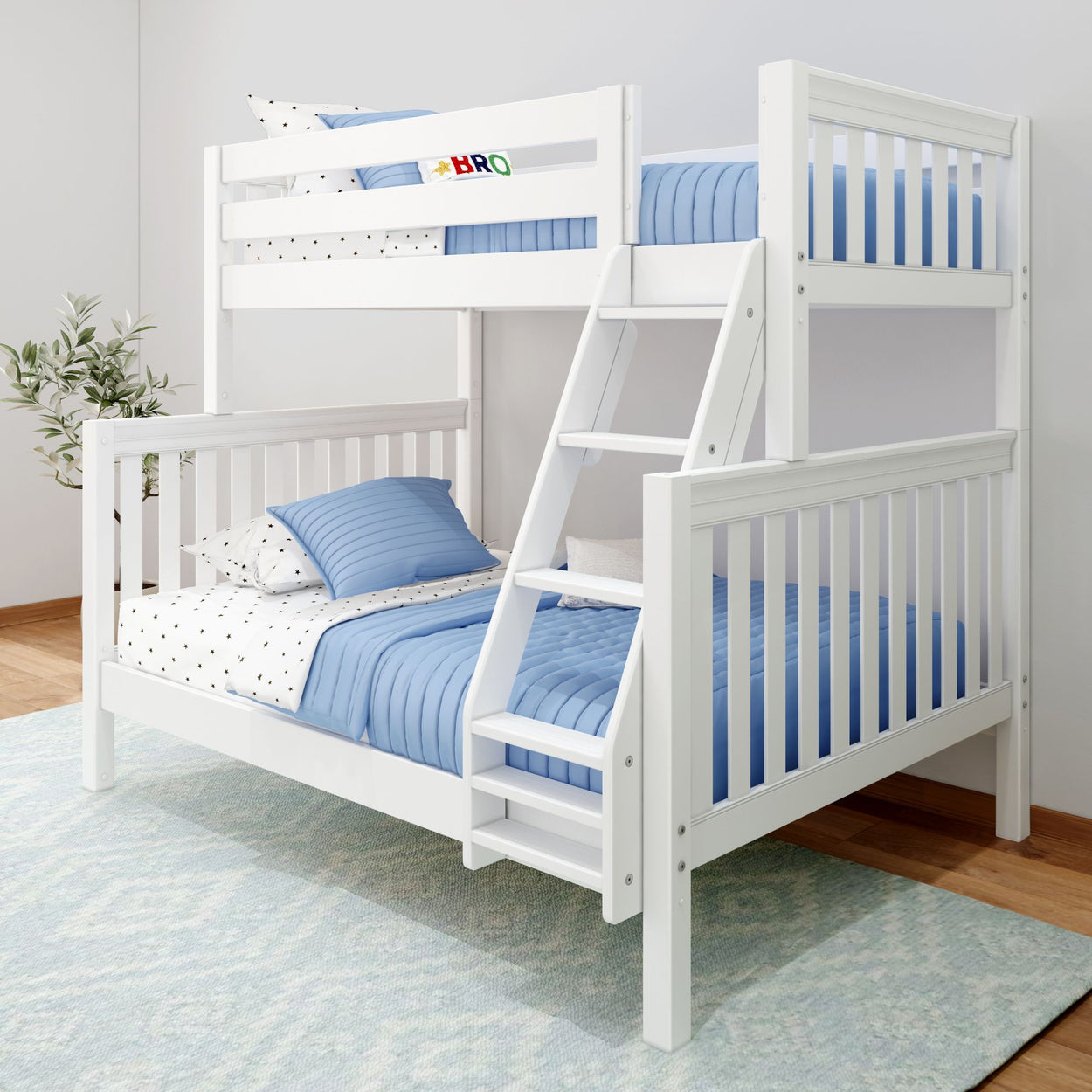 White wooden bunk bed with blue bedding and ladder in a modern bedroom setting.