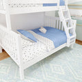 White wooden bunk bed with ladder, blue quilted bedding and star-print sheets in modern kids bedroom nursery