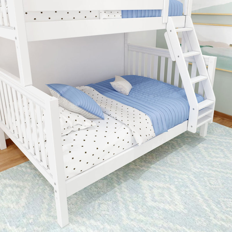 White wooden bunk bed with ladder, blue quilted bedding and star-print sheets in modern kids bedroom nursery