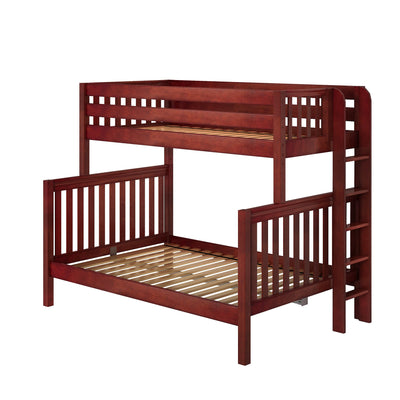 Wooden bunk bed frame with ladder in rich brown finish, perfect for children's bedrooms.