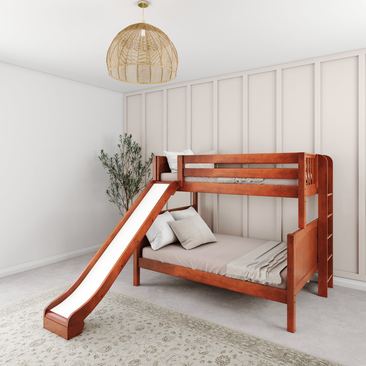 Wooden bunk bed with slide for kids in modern bedroom setting.