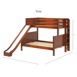 Twin size wooden bunk bed with slide and ladder, ideal for kids' rooms, dimensions detailed.
