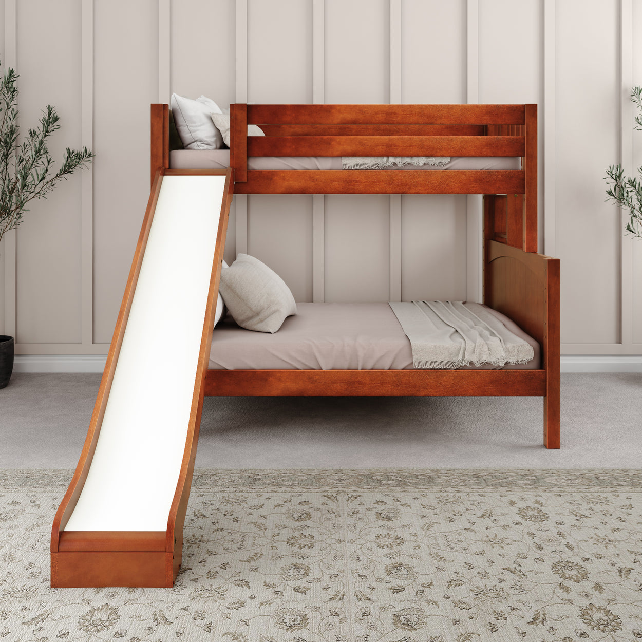 Wooden bunk bed with slide in a modern bedroom setting.