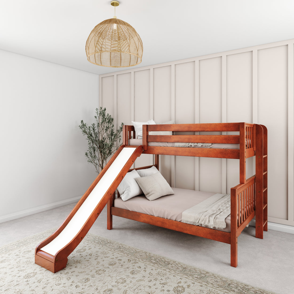 Kids' wooden bunk bed with slide in modern bedroom, featuring cozy decor and a neutral color palette.