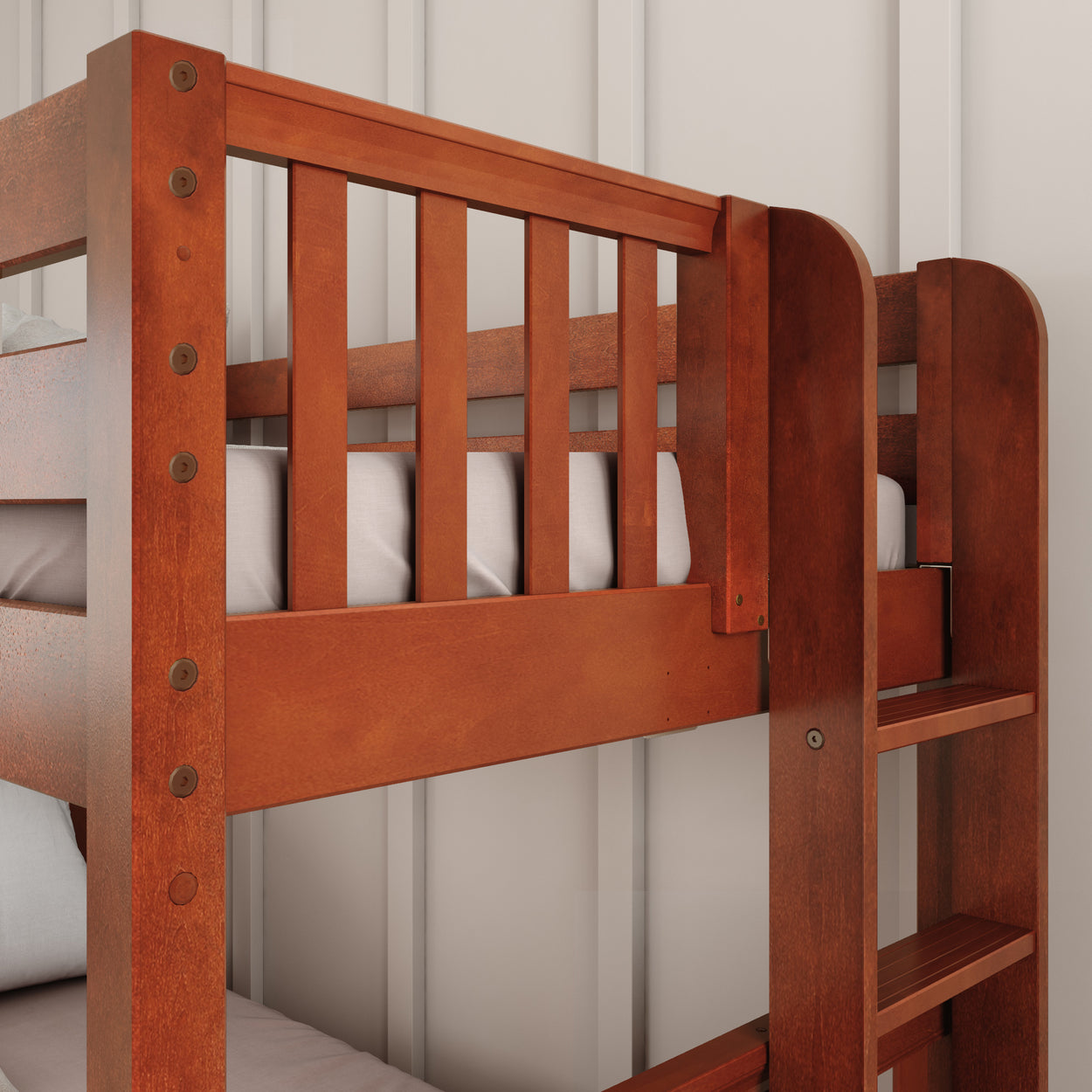 Wooden bunk bed with ladder in modern bedroom setting.