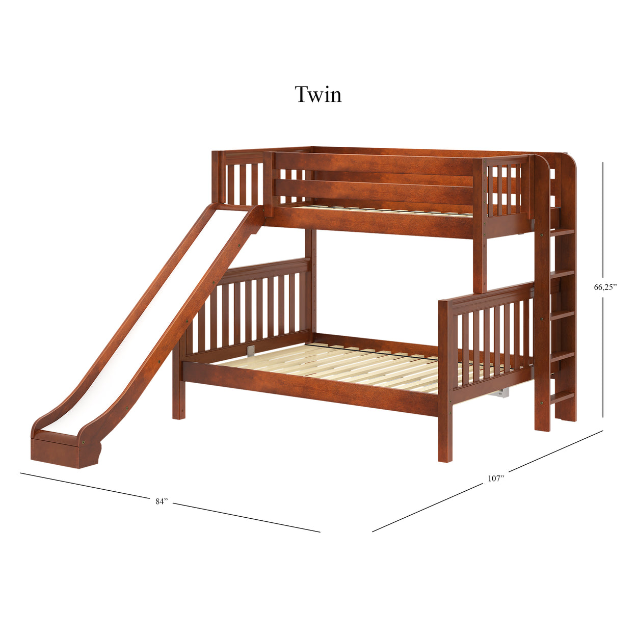 Twin bunk bed with slide and ladder, wooden construction, children's bedroom furniture.