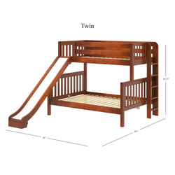 Twin bunk bed with slide and ladder, wooden construction, children's bedroom furniture.
