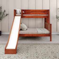 Rustic wooden bunk bed with slide for kids' bedroom.