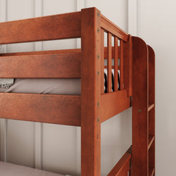 Wooden bunk bed with ladder and safety rails in a modern bedroom setting.