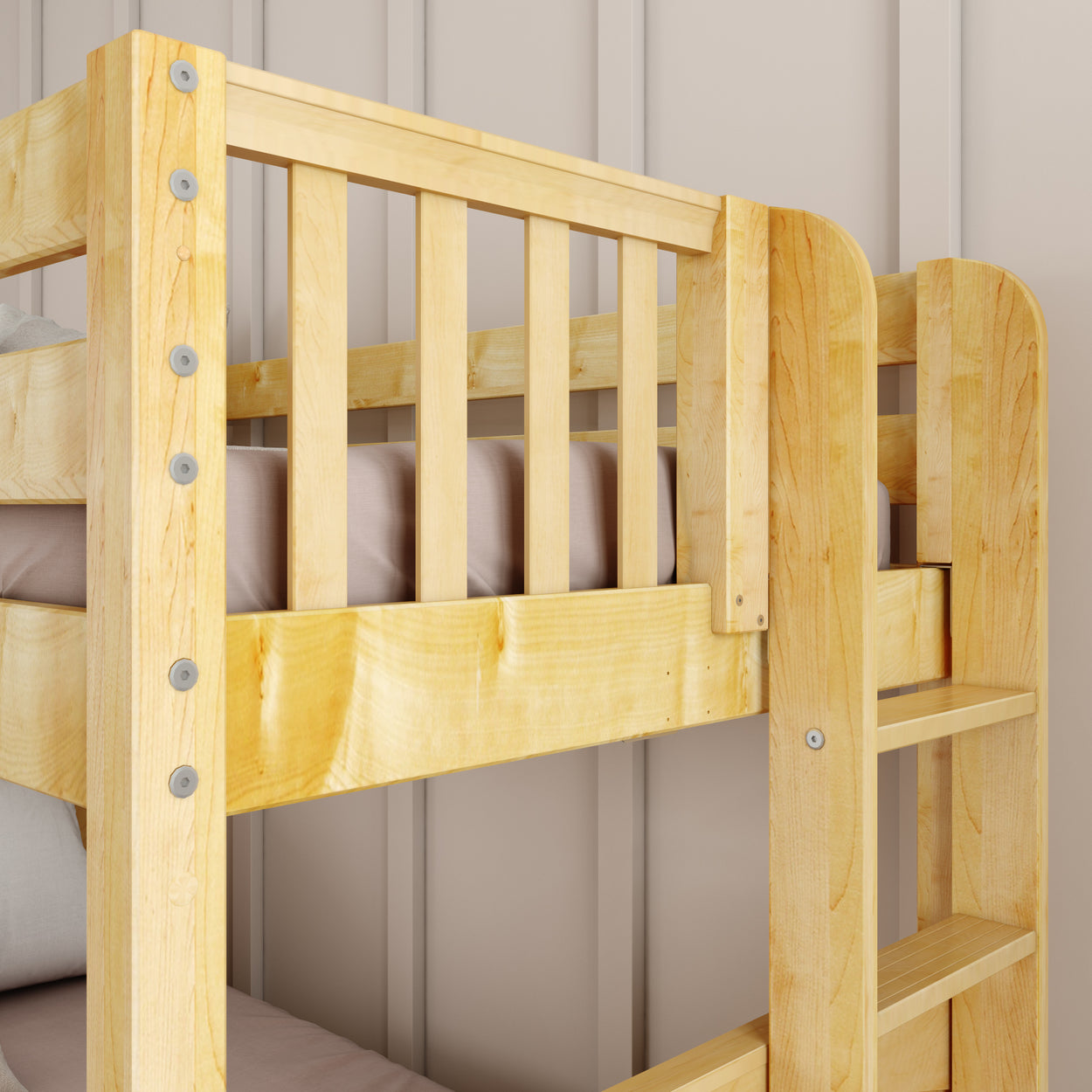 Wooden bunk bed frame with ladder in a cozy bedroom setting.