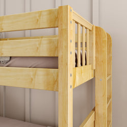 Wooden bunk bed frame with sturdy ladder and beige bedding in a modern bedroom setting.