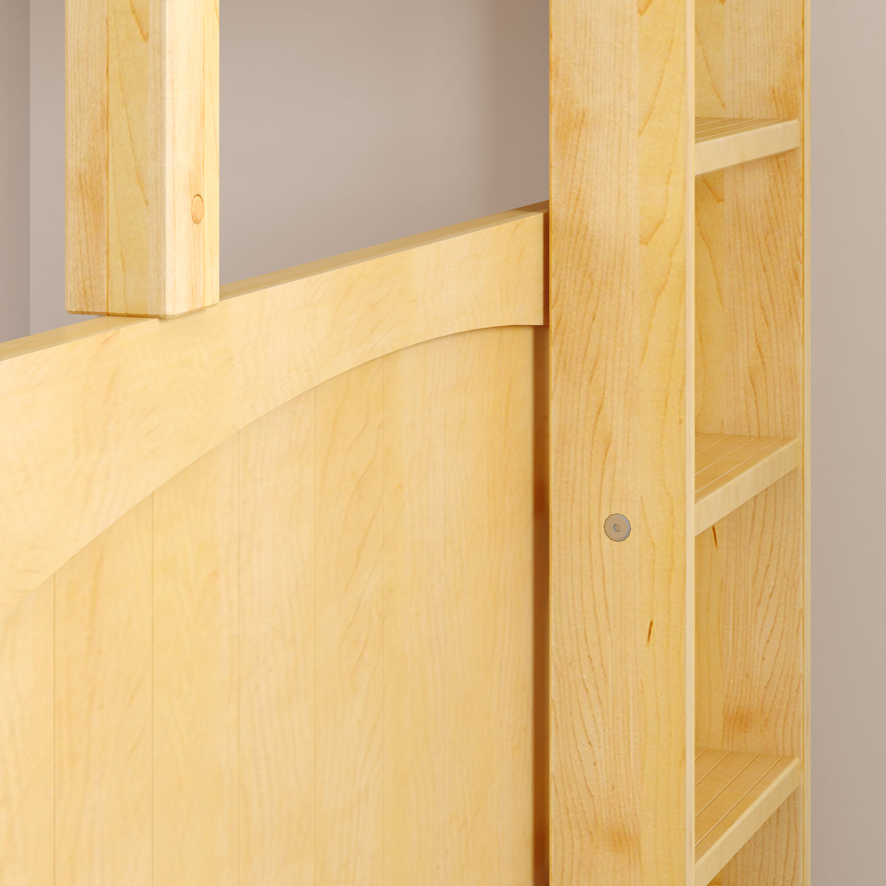 Light wood loft bed with built-in shelving and smooth finish.