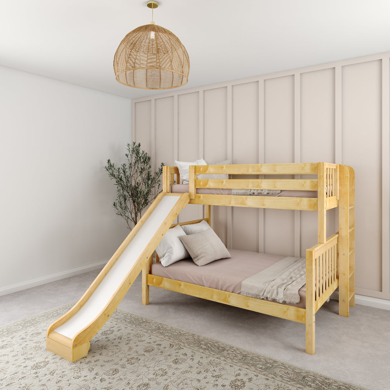 Wooden bunk bed with slide in a modern bedroom featuring beige walls and a woven light fixture.