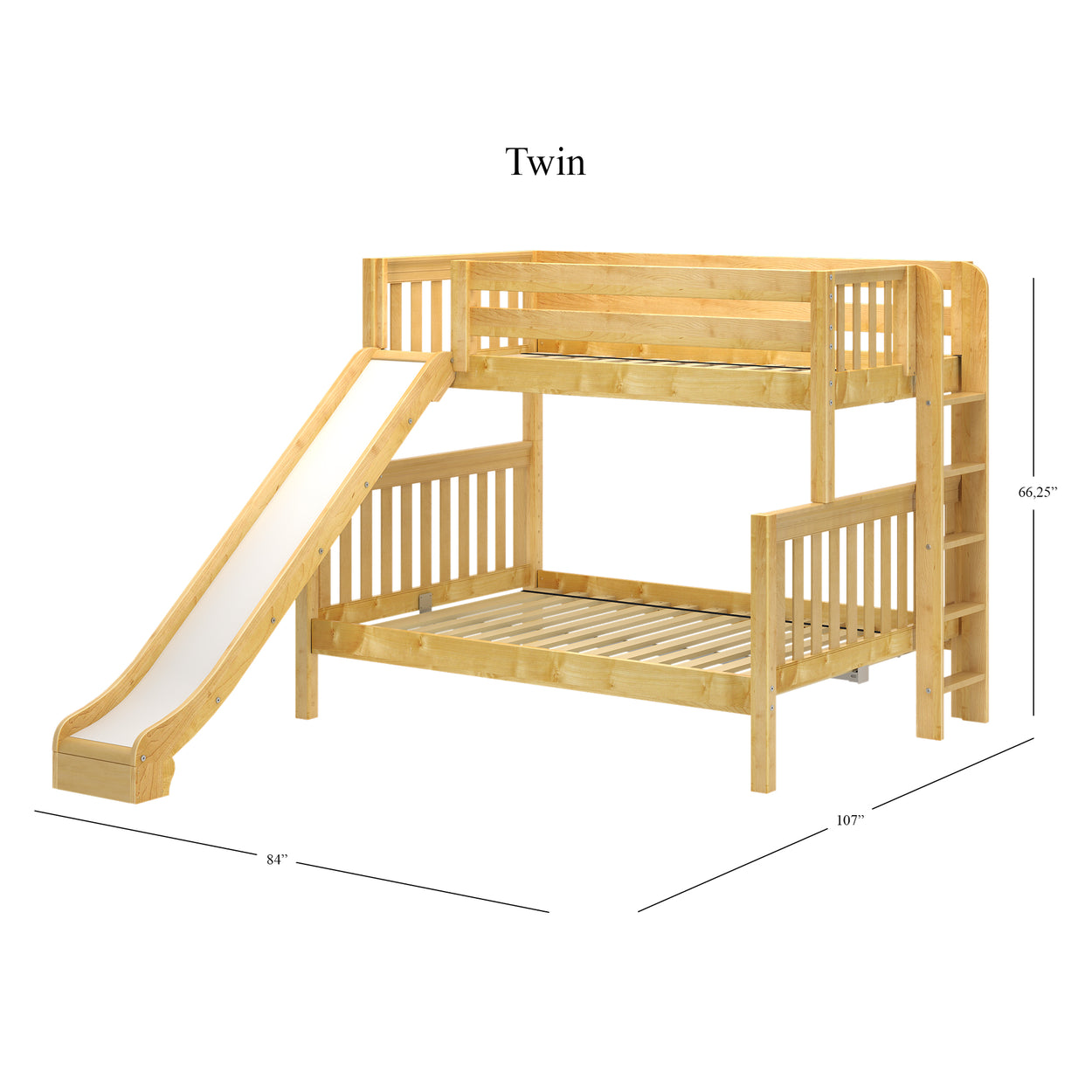Twin wooden bunk bed with slide and ladder, dimensions 66.25" height, 107" length, and 84" width, ideal for small kids' bedrooms.