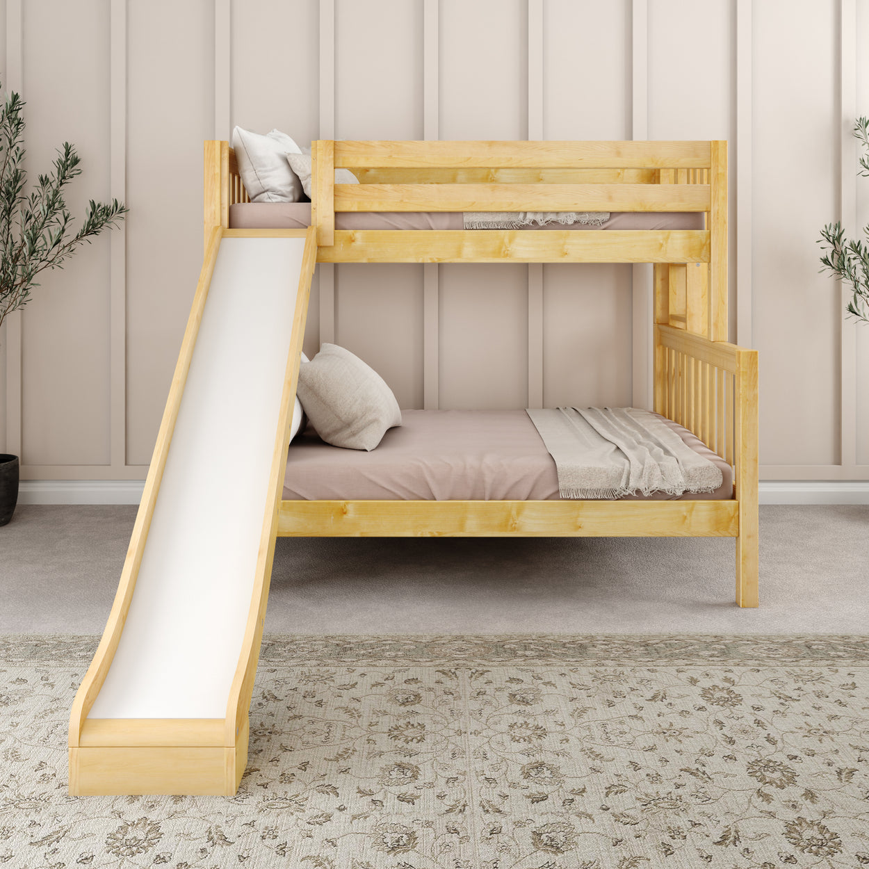Wooden bunk bed with slide in a cozy bedroom setting.