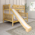Wooden bunk bed with slide in a stylish bedroom setting.