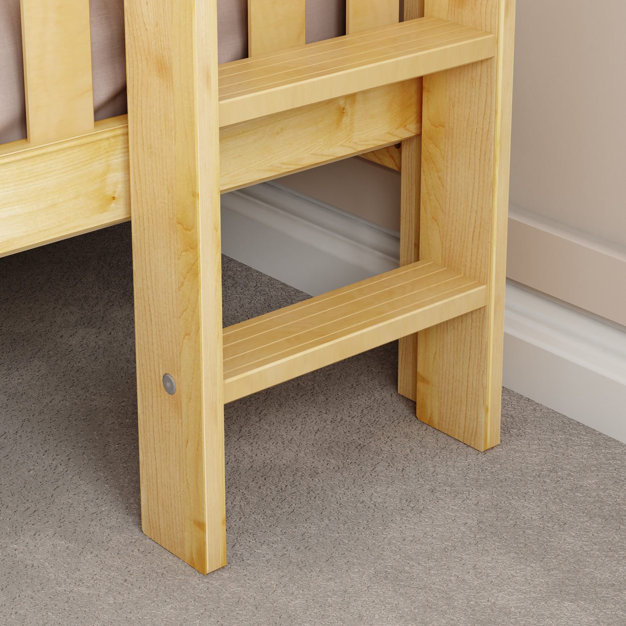 Wooden bunk bed ladder on carpeted floor in bedroom.