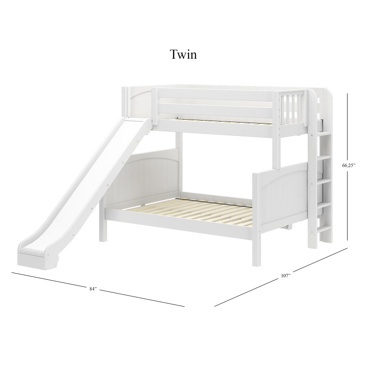 White twin bunk bed with slide, ladder, and dimensions 107" x 84" x 66.25" for kids' bedroom furniture.