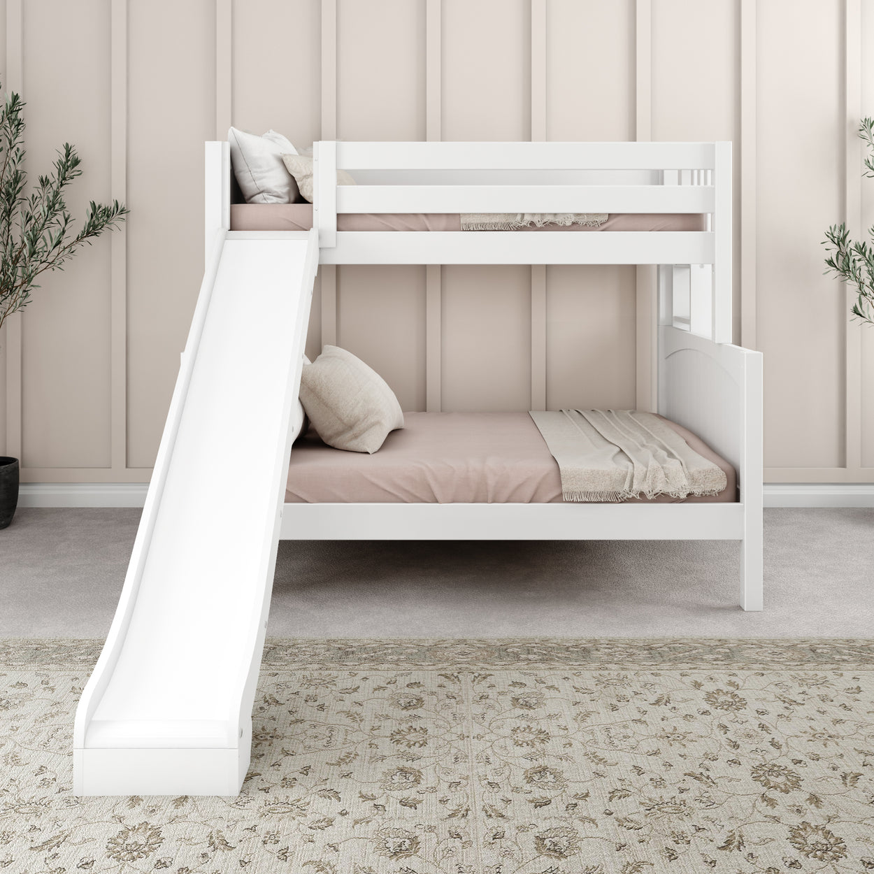 White bunk bed with slide in modern children's bedroom featuring beige and gray decor.