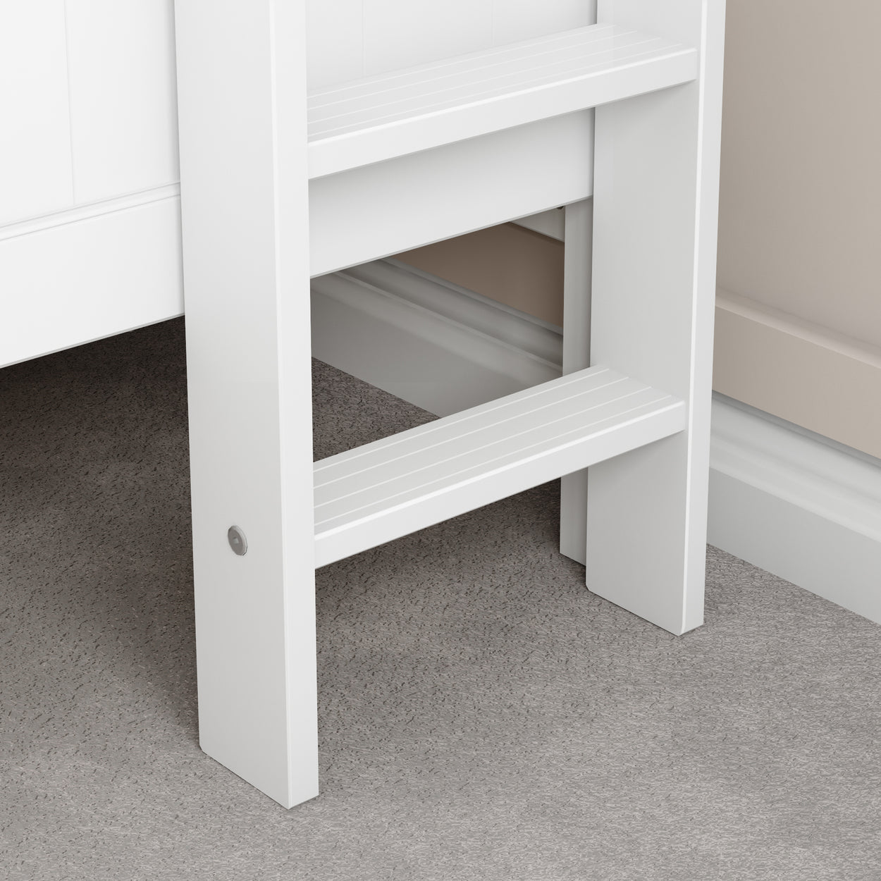 White ladder attached to a bunk bed with carpeted floor background.