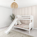 White bunk bed with slide in modern children's bedroom with beige walls and wooden pendant light.