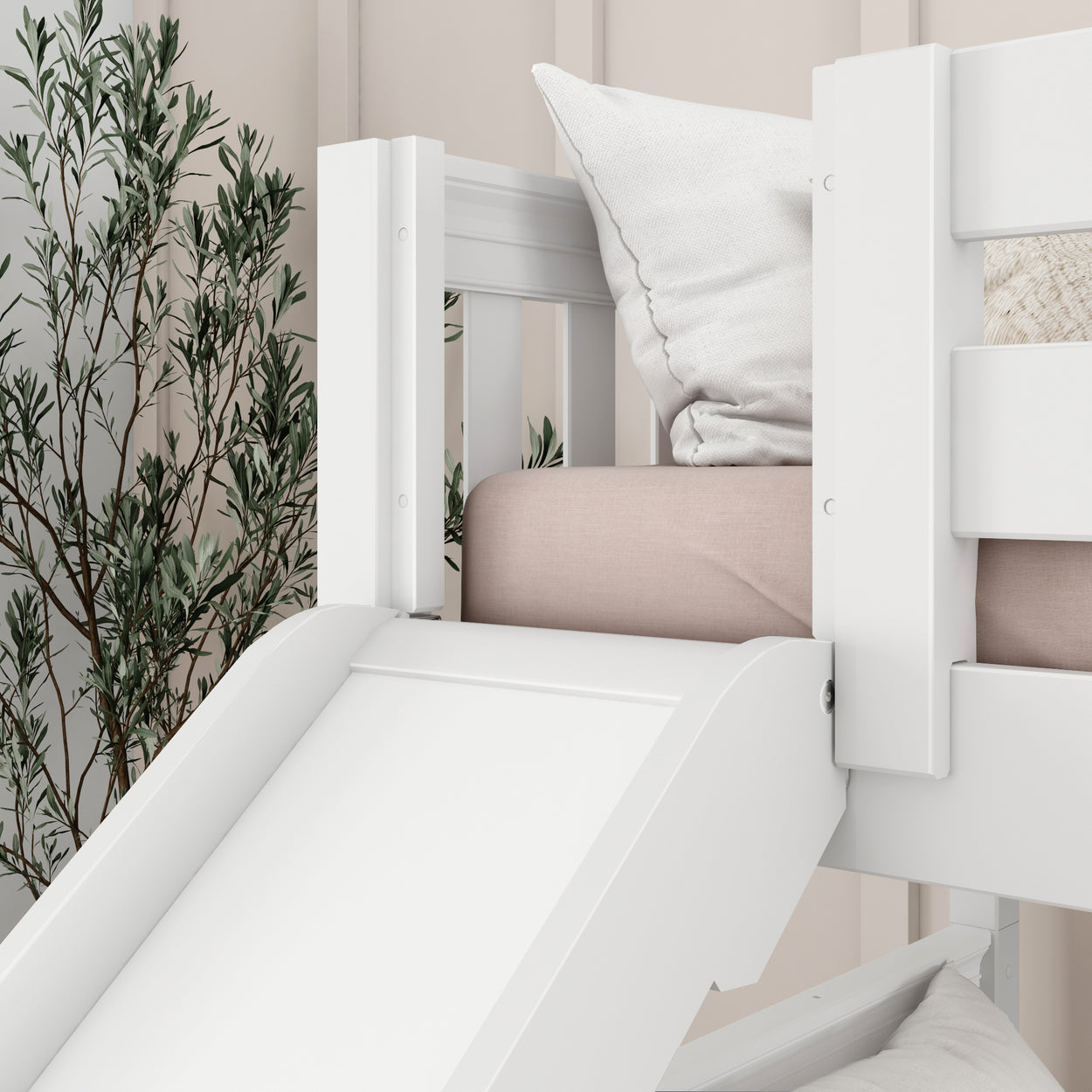 White loft bed with slide and light bedding, set against a soft, neutral background with green plant décor.